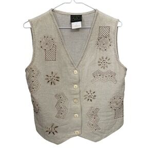 VTG Algo Embroidered Linen-Blend Vest Women's Size 10 Earth Tone Wooden Beads